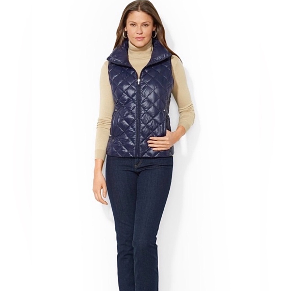 Lauren Ralph Lauren Navy Glossed Full Zip Quilted Down Packable Puffer Vest S